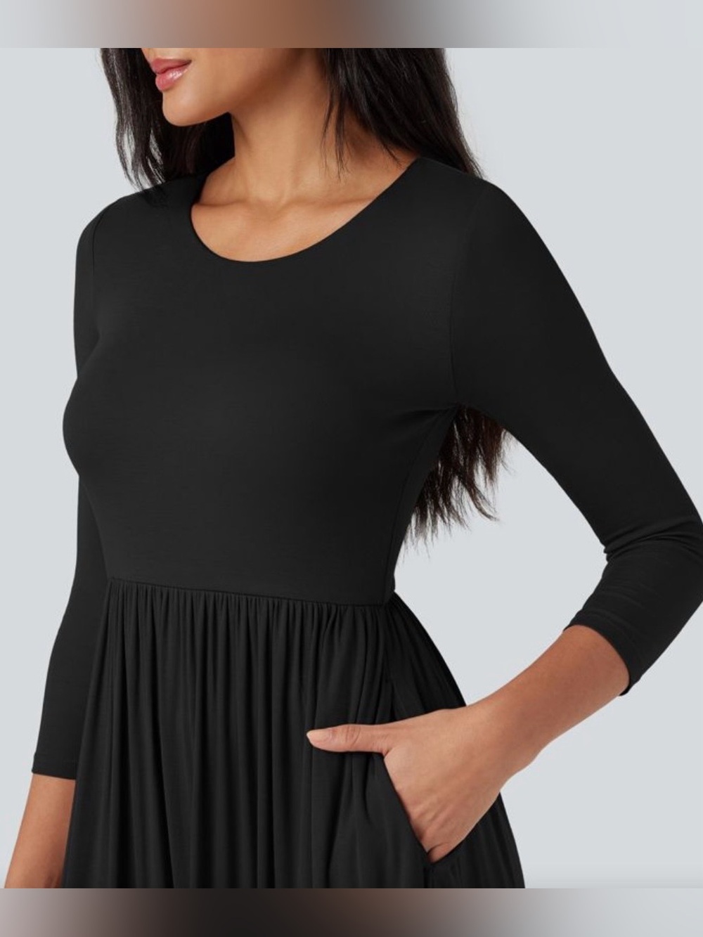 Women’s Ribbed Round Neck Black Maxi Dress - 3/4 Sleeve + Pockets - MEDIUM